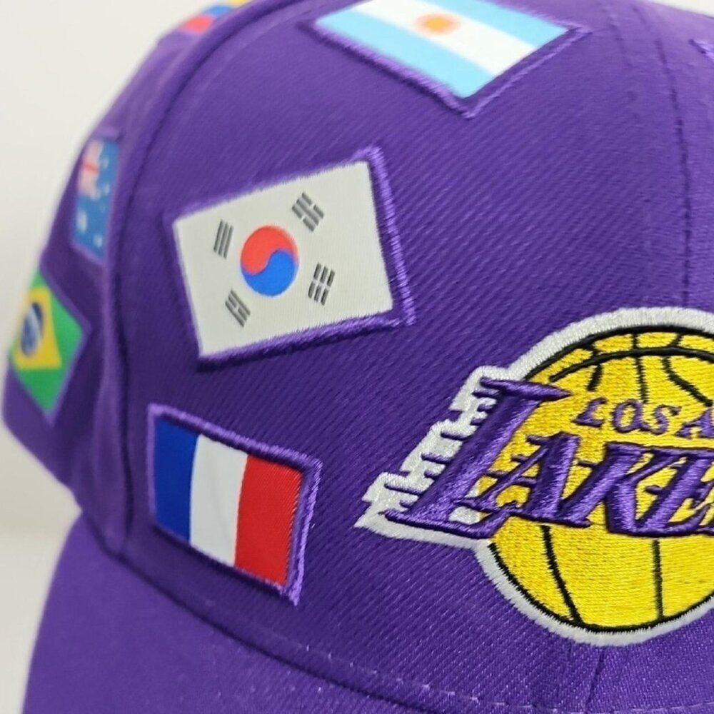 NWOT New Era Los Angeles Lakers Purple Snapback Hat Various National Flags - Picture 7 of 8